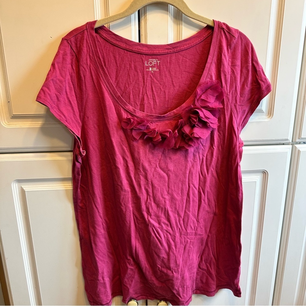 LOFT Pink Ruffle Scoop Neck Short Sleeve Top